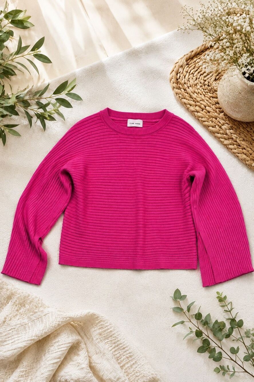 Pink Rose Women’s Medium Hot Pink Ribbed Knit Cropped Sweater Bell Sleeve - Picture 3 of 3